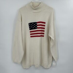 Vintage Mens American Flag Sweater Sz L Chunky Knit Patriotic Cottage 90s Ivory